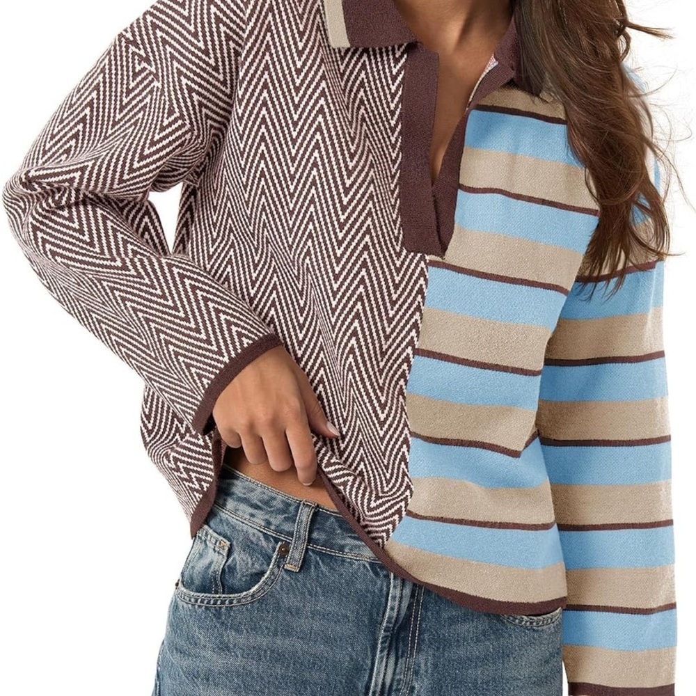 Brown and Blue V-Neck Sweaters with Geometric and Striped Patterns